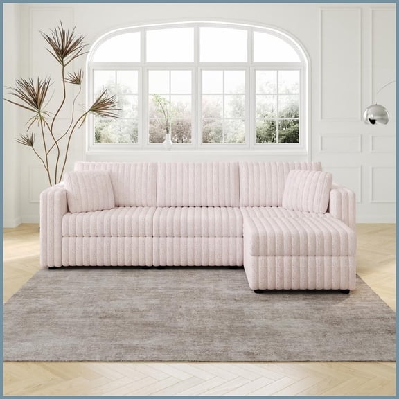 Light Pink 106.3'' 3-Person Faux Rabbit Fur Sofa with Washable Cushions – Matches 30.7'' Hydraulic Lift Ottoman for Bedroom