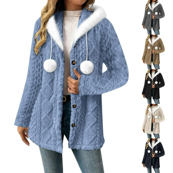 qolati Fleece Jacket for Women Winter Warm Button Down Long Sleeve Hooded Coat with Pompoms Casual Soft Lightweight Fall Teddy Outerwear Fuzzy Coats