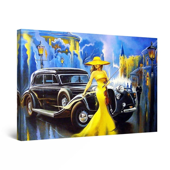 Startonight Canvas Wall Art Abstract - Retro Black Car and Woman in Yellow Painting - Large Framed 32" x 48"