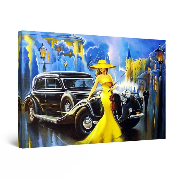 Startonight Canvas Wall Art Abstract - Retro Black Car and Woman in