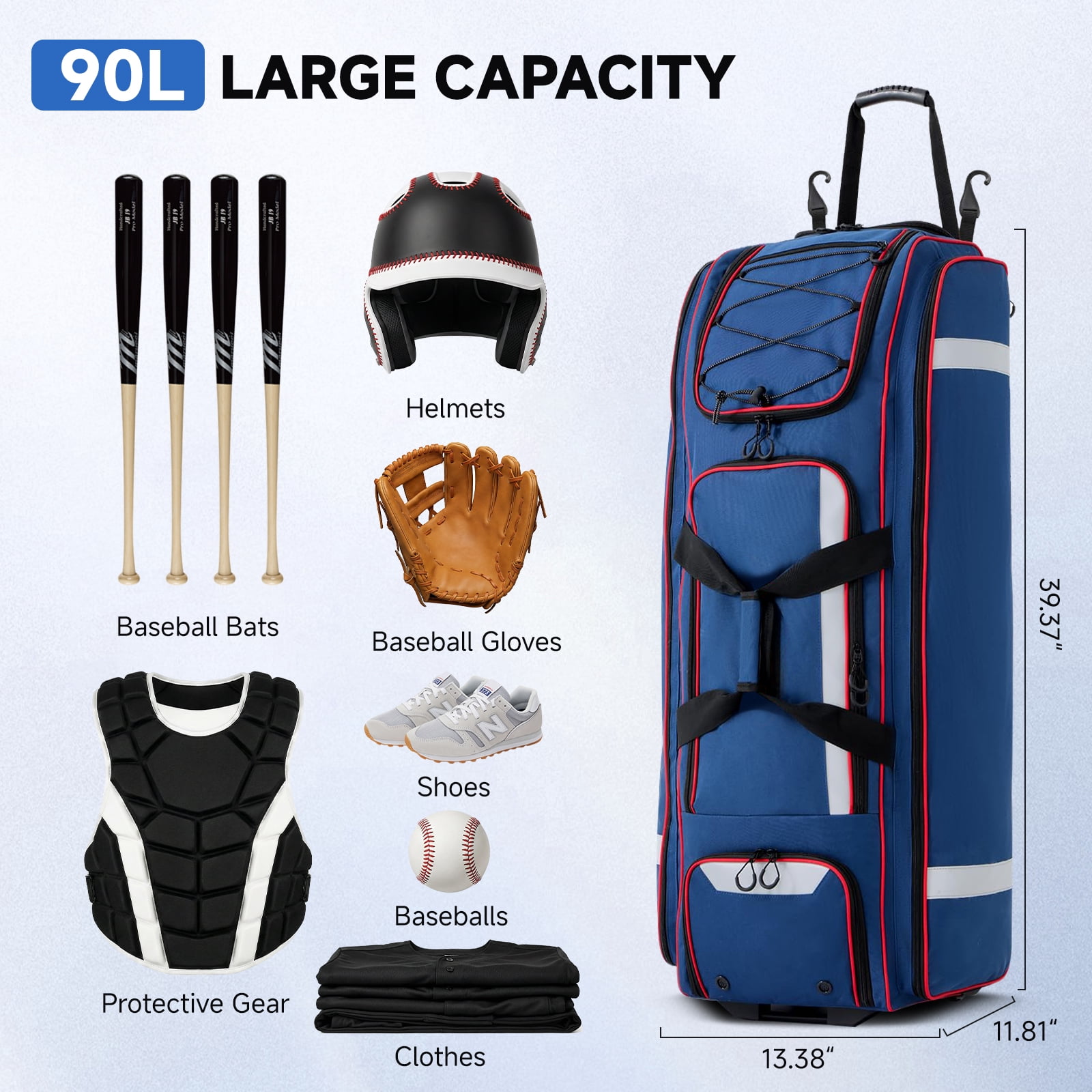 Fegat Rolling Baseball Bag with Wheels,90L Large Softball Bag Catchers Gear Bags for 8 Bats,Equipment Bag with 5 Fence Hooks,Reflective Strip,Shoe Compartment,Holds All Softball Baseball Equipment