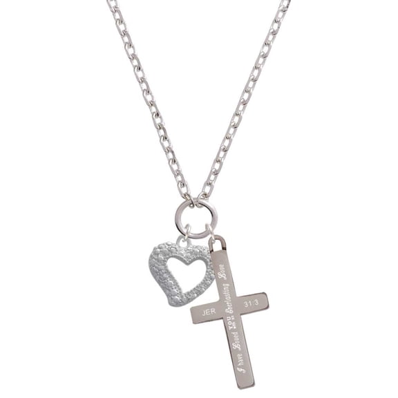 Delight Jewelry Silvertone Textured Open Heart Everlasting Love Engraved Cross Zoey Necklace, 28"