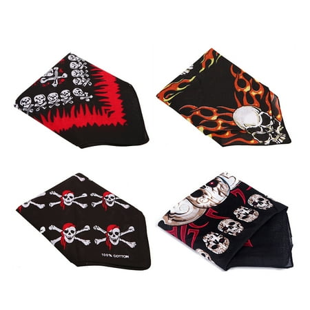 Flaming Skull Head HDE 4-Pack Bandana Flaming Skull Motorcycle Biker Handkerchief Head Wrap Doo Rag (Skull Mix) ()