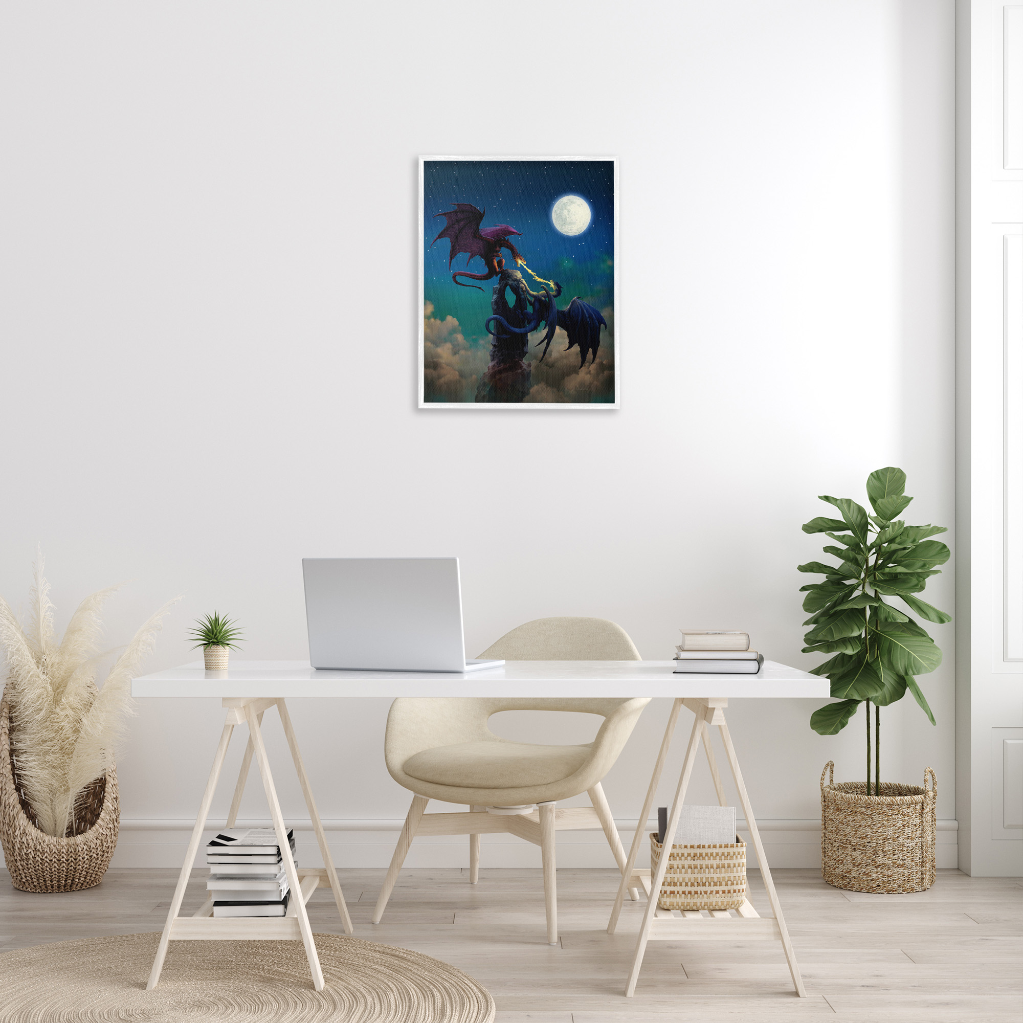 Stupell Industries Battling Dragons at Night Fairy Tales & Fantasy Painting White Framed Art Print Wall Art, 24 x 30
