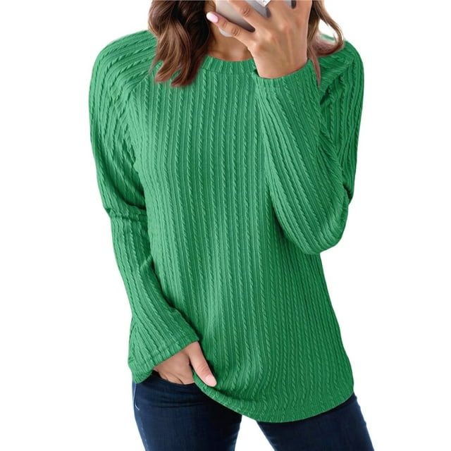 Camisetas de Larga para Mujer, Ropa de Moda de Otoño, Tops Modernos, Camiseta Básica de Punto con Cuello Redondo Verde Brillante M