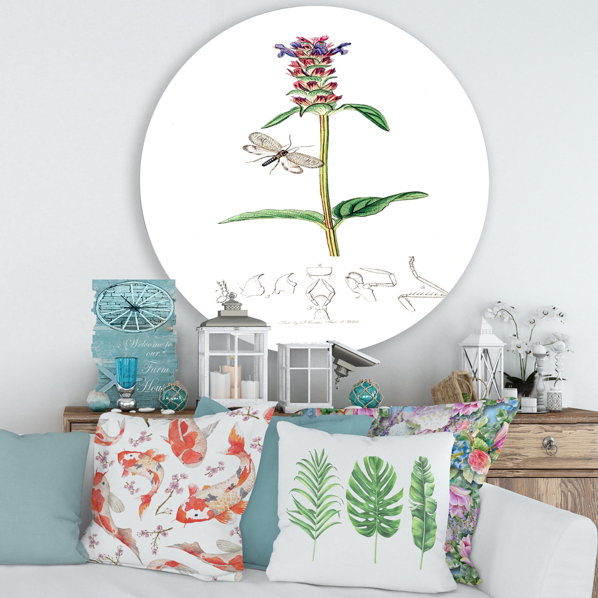 Designart 'Ancient Insects and Plants II' Farmhouse Circle Metal Wall Art 36x36 - Disc of 36