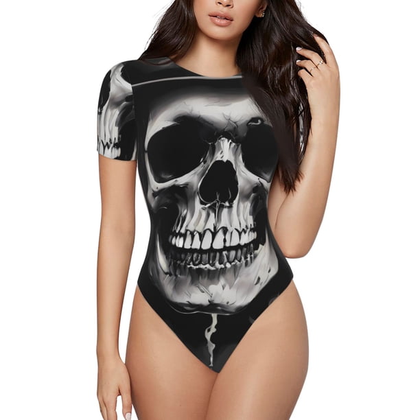 Balery Black White Hat Skull Body de cuello redondo de manga corta para mujer Tops de manga corta Tops básicos-Medium