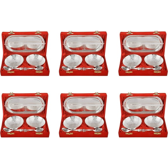 NOBILITY Bowl Spoon Tray Set Silver Plated for Diwali Wedding Return Gift Items Housewarming Friends Relative Home Decorative Dessert Gifts 6 Sets