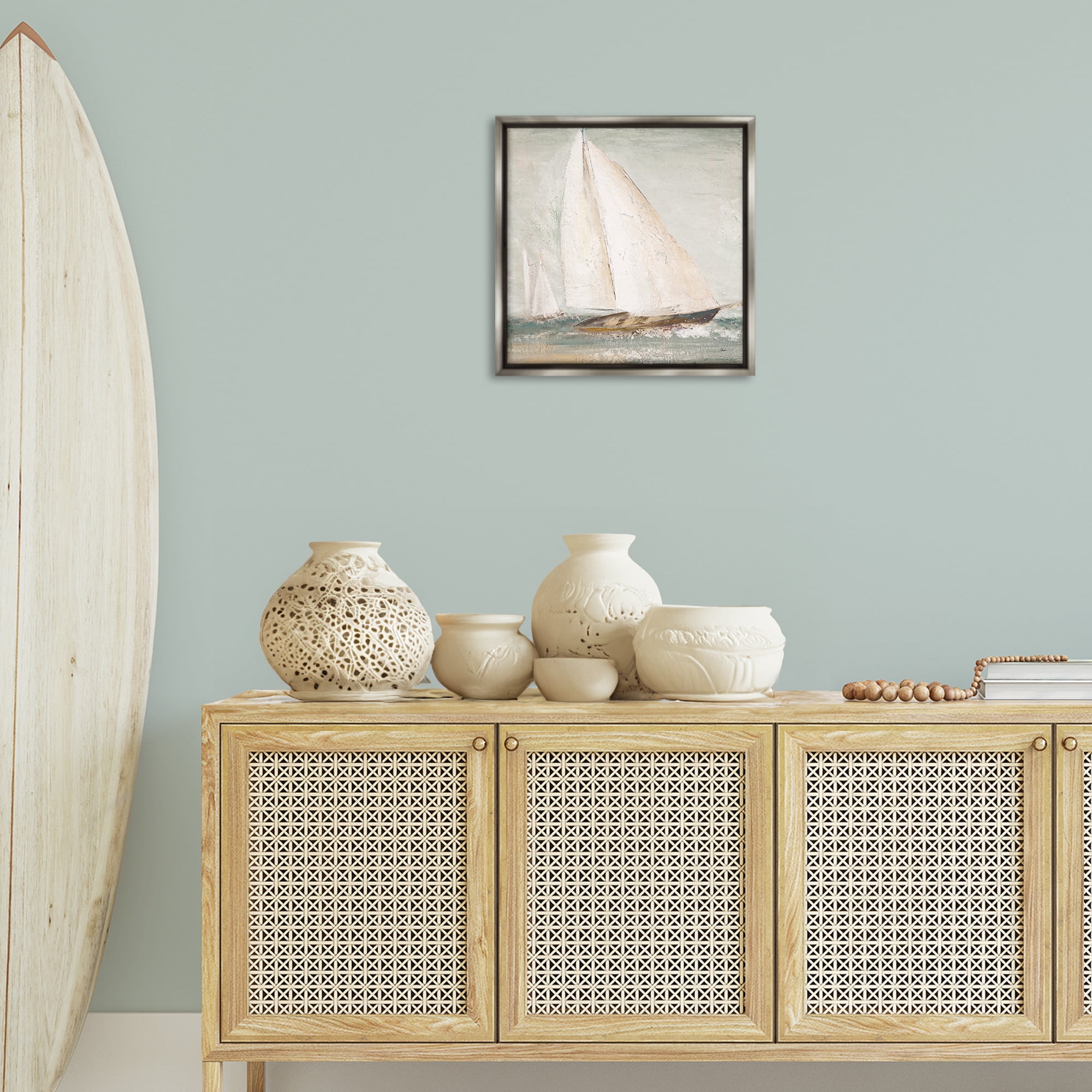 Stupell Industries Vintage Splashing Sailboat Transportation Painting Gray Floater Framed Canvas Art Print Wall Art, 18 x 18