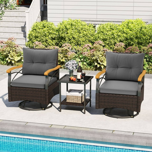 Costway Ensemble de 3 Pcs de Chaises Pivotantes d'Extérieur avec Table d'Appoint en Verre Trempé à 2 Niveaux et Coussins