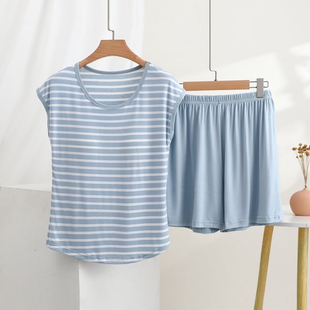 RKSTN Pyjama en Coton pour Femmes Ensemble Grande Taille Col en V Sans Manches Rayures Pyjama Camisole avec Shorts Tenue d'Intérieur Ensembles de Pyjama pour Femmes 2 Pcs