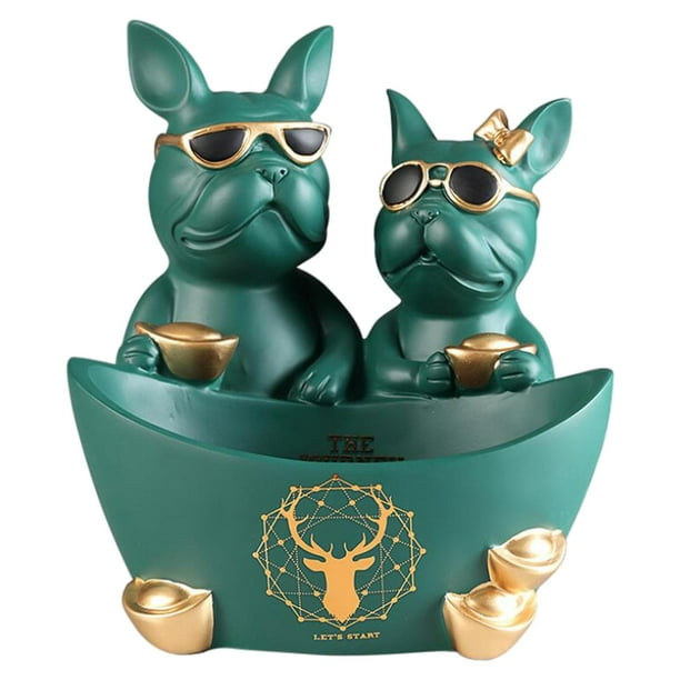 Estatuas de bulldog, figuras decorativas, regalo francés, estatuas de superficie, frasco, perro genial Verde