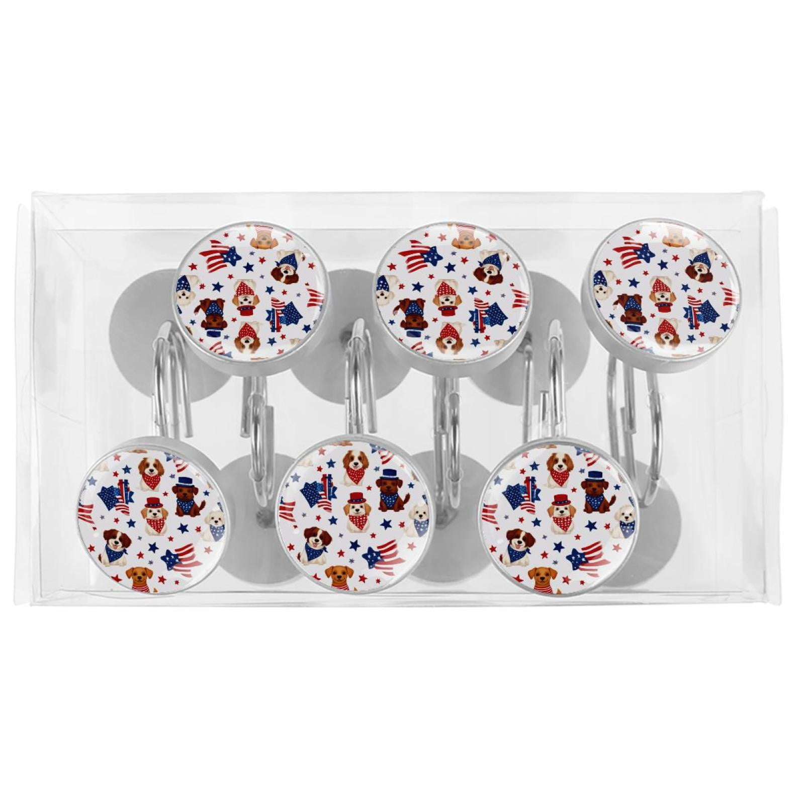 12pcs Decorative Shower Curtain Hooks, Rust Resistant Shower Rings for Bathroom Living Room,Rustproof Stainless Steel Rings for Shower Curtain and Liner Rods,4th of July Dog