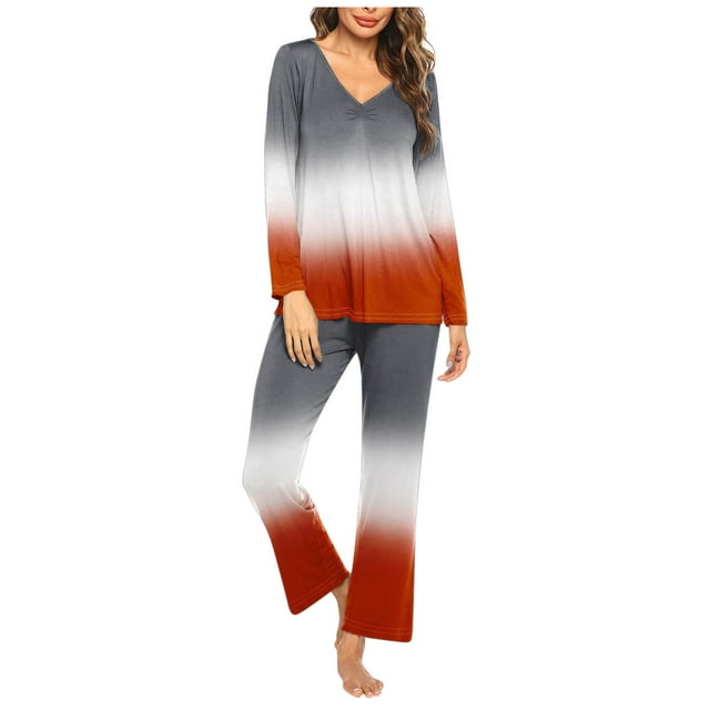 Timegard Ensembles de Pyjamas pour Femmes 2 Pcs Confortables Couleur Dégradée Manches Longues Col en V Haut et Pantalon Tenues de Pyjamas