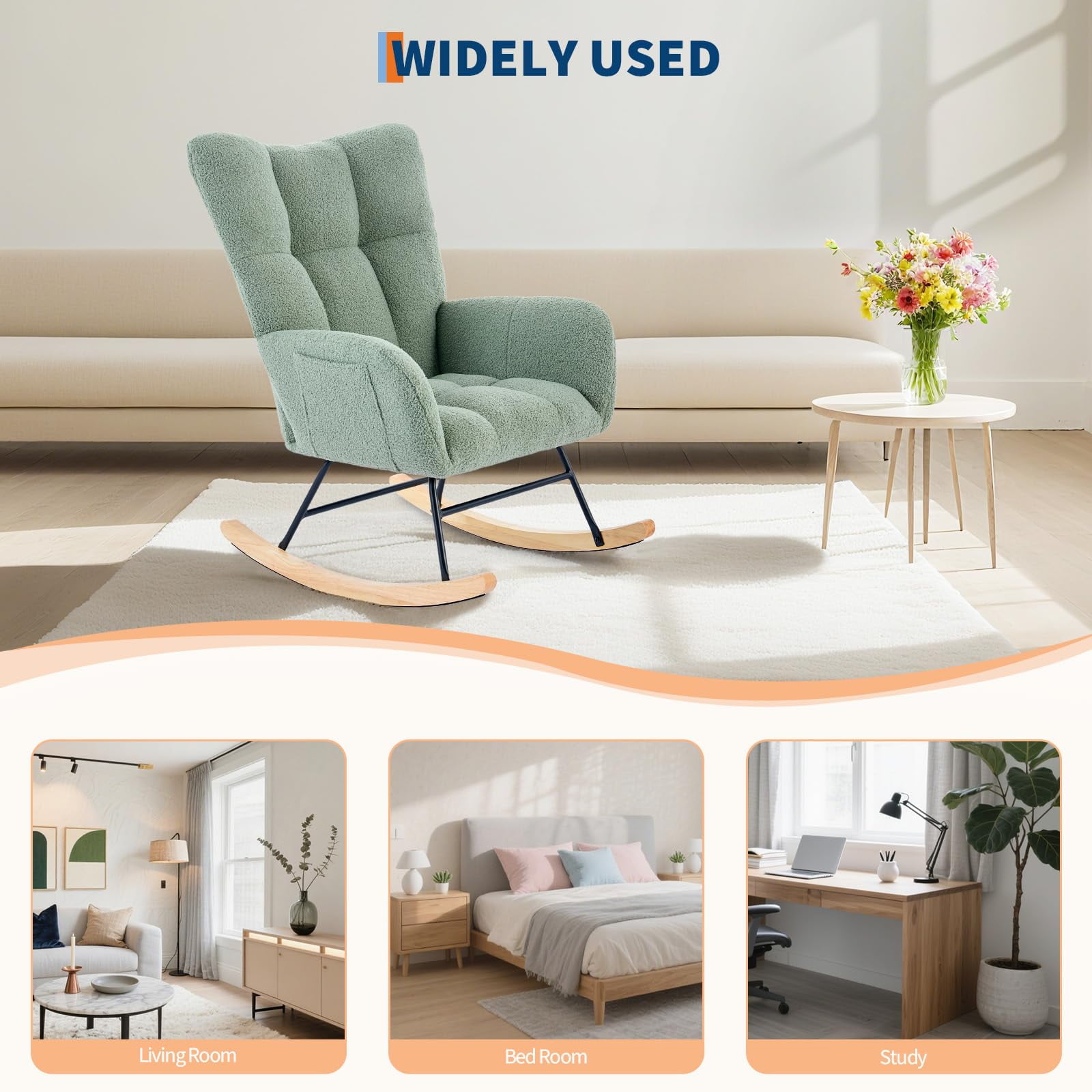 KOKEBREN Teddy Upholstered Rocking Chair for Nursery,Glider Rocker for Adults,Chair for Living Room Bedroom,Green
