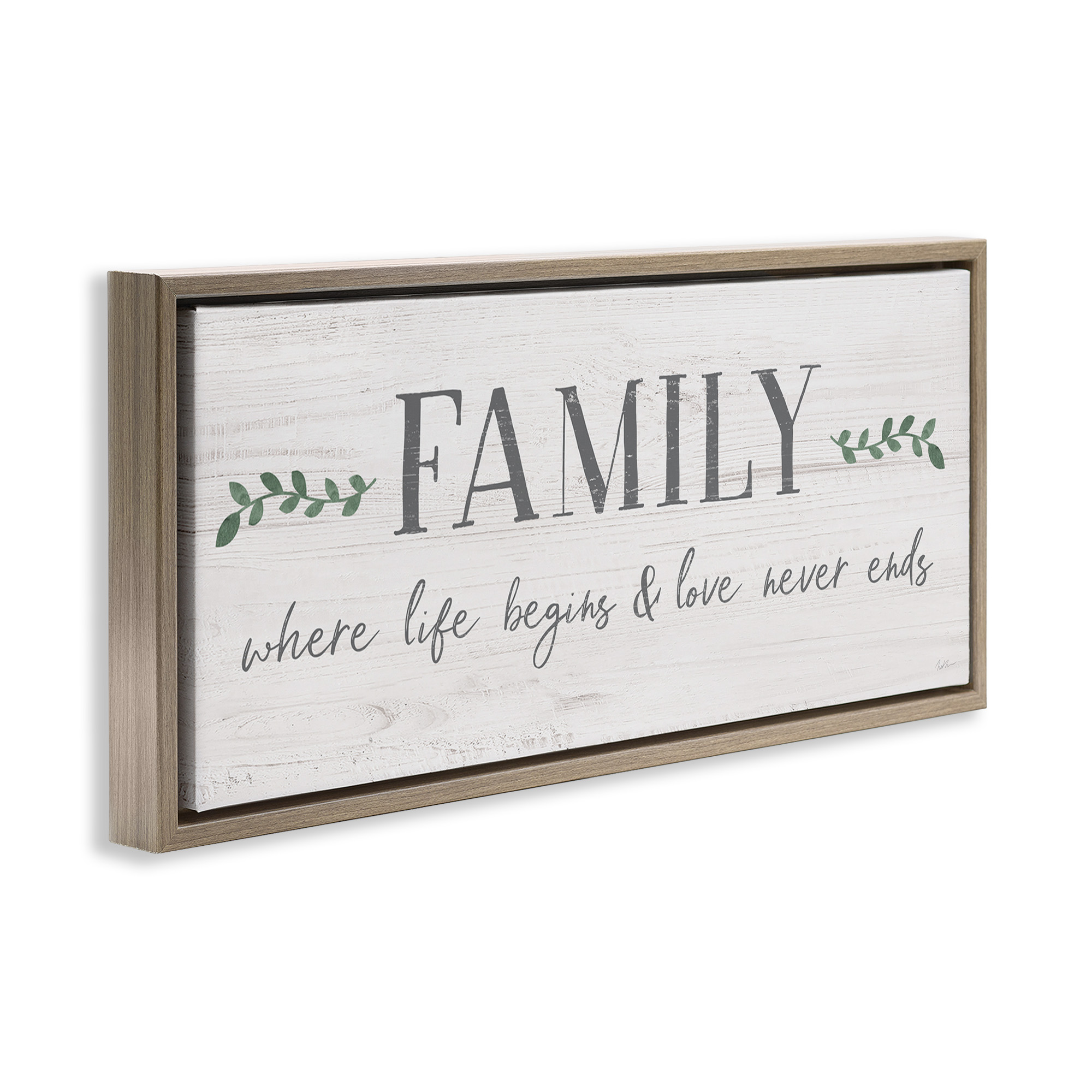 Stupell Industries Love Never Ends Family Phrase Inspirational Painting Brown Floater Framed Canvas Art Print Wall Art, 25 x 11