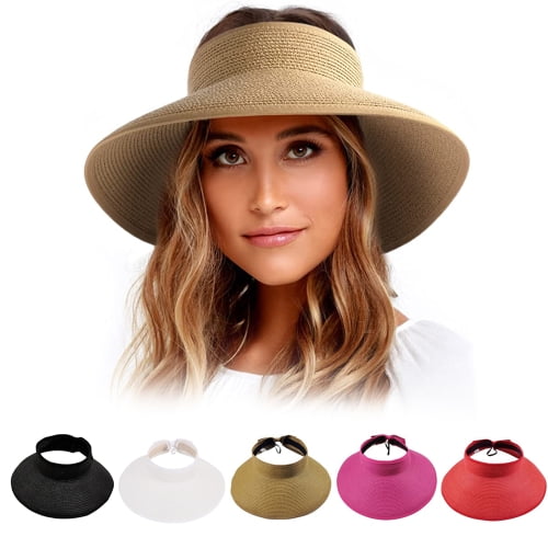 Sunjoy Tech Sun Visor Hats for Women Wide Brim Straw Roll Up Ponytail ...