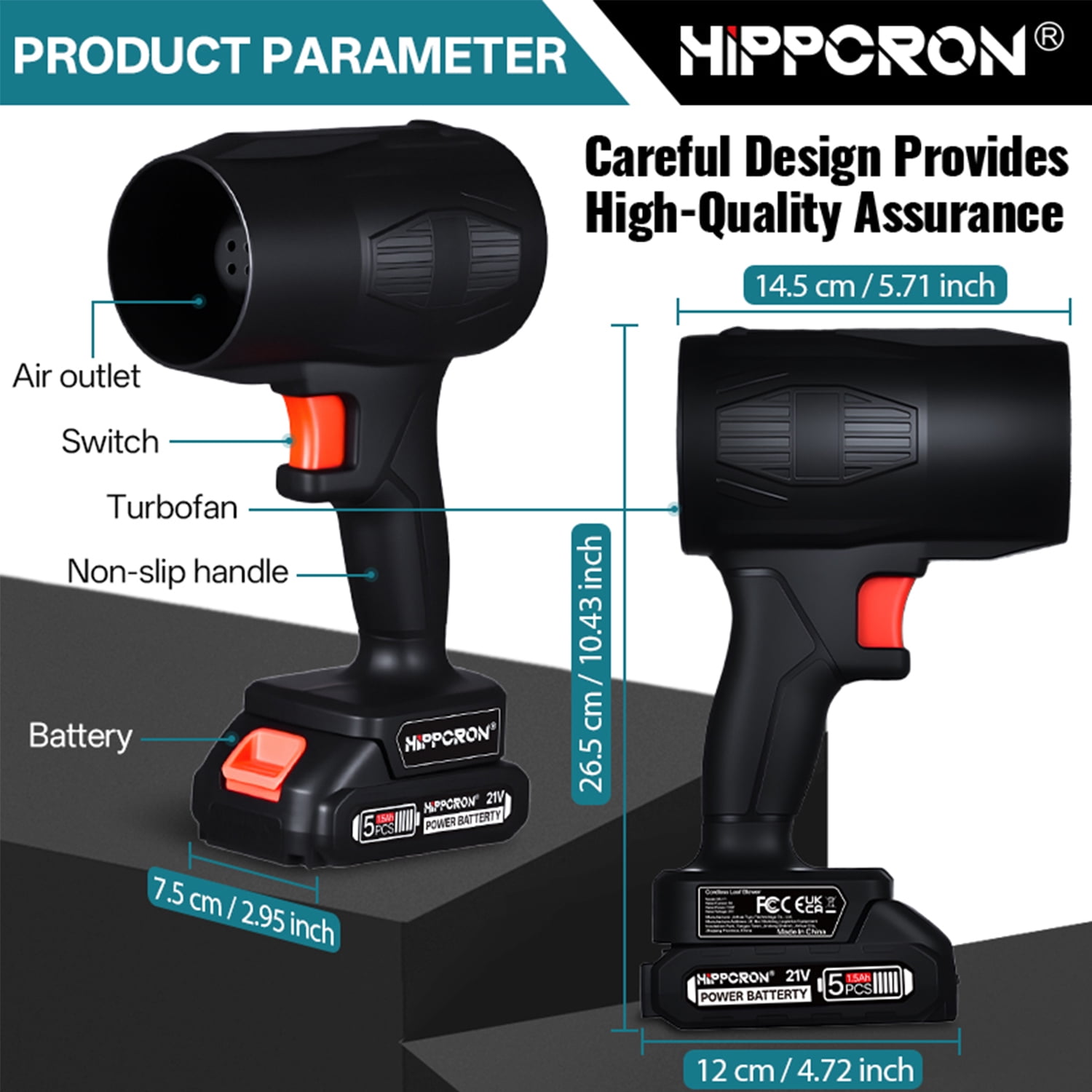 HIPPCRON 21V Cordless Leaf Blower, 30000RPM High-Speed Motor, One 1500mAh Battery, USB Charging, Safety Kit with Gloves, Goggles and Earplugs