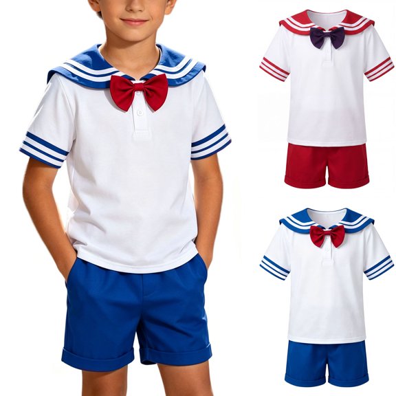 Kids Boys Sailor-Style Uniform Set Shirt Shorts Bow Tie Outfits Size 5-12 Blue-A