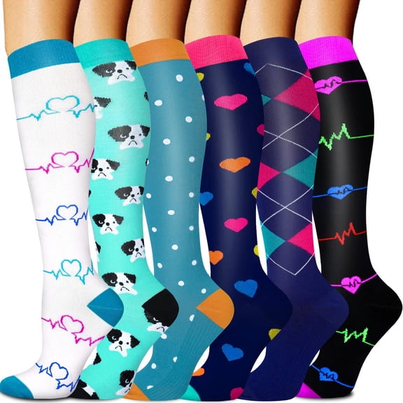 6Pairs Compression Socks for Women & Men Circulation 15-20 mmHg - Better Blood Flow, Swelling , Best Support for Medical, Running, Nursing