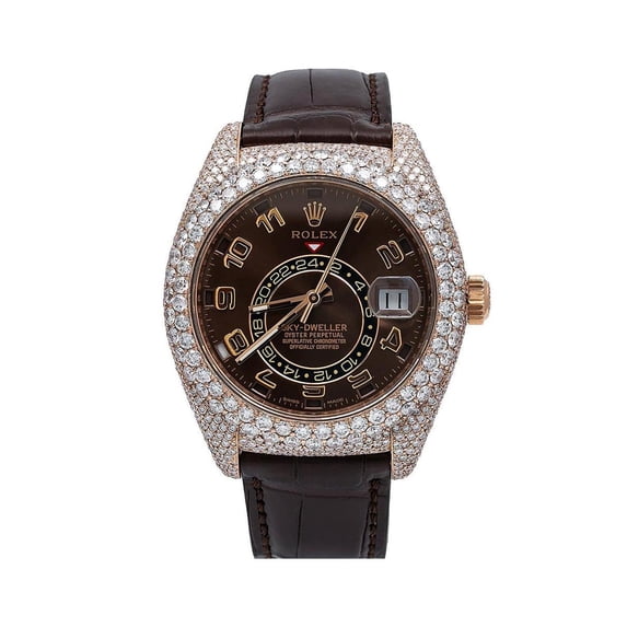 Pre-Owned Rolex Sky-Dweller 42MM 326135 Chocolate Arabic Dial Diamond Bezel Brown Leather Strap 15.75ct