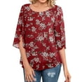 thumbnail image 4 of Nlife Women Floral Leaves Print Round Neck Split 3/4 Sleeve Blouse, 4 of 5