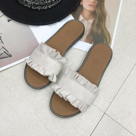 

Aueoeo Women s Round Open Toe Sandals Summer Casual Lace Flip-flops Flat Slip On Slides Slippers