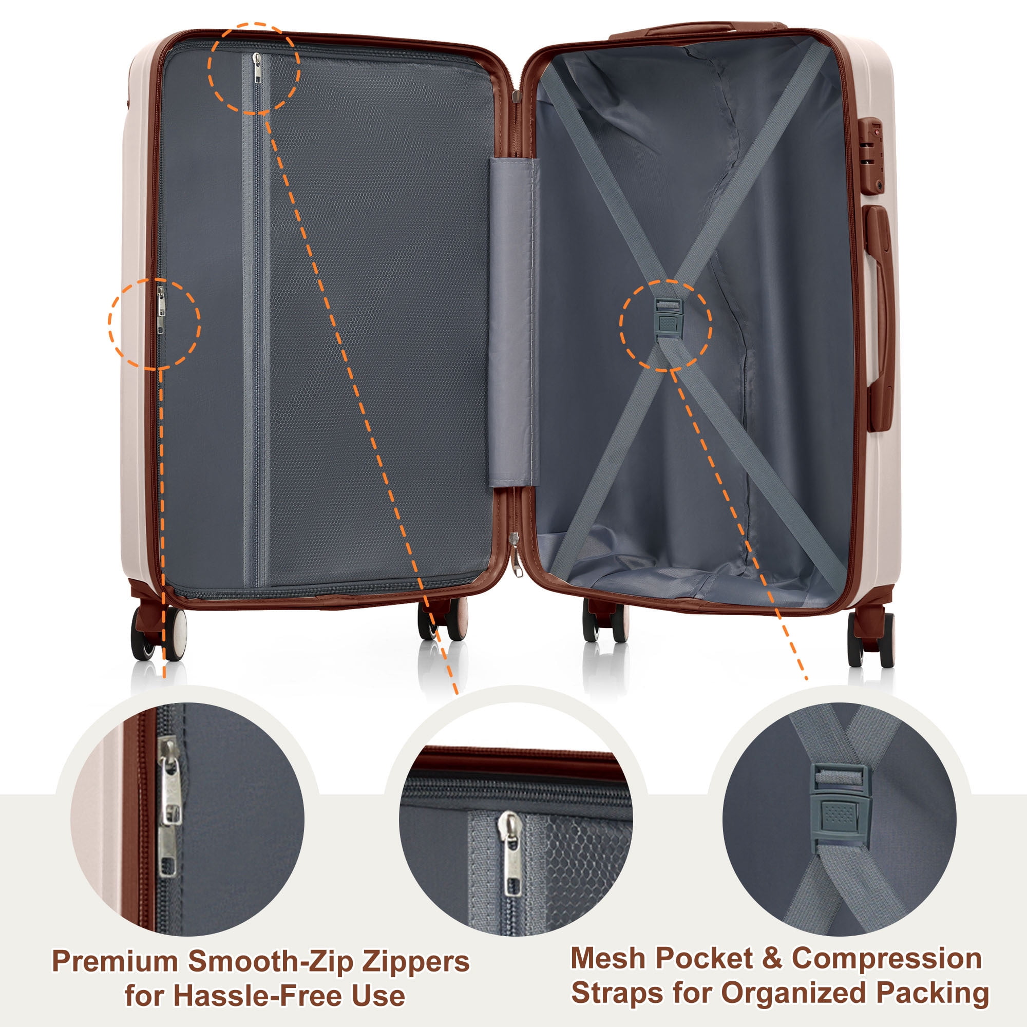 Euroco 3 Piece Luggage Sets, Lightweight Durable Hardshell Suitcase set with 360° Spinner Wheels,TSA Lock & Side Hooks,Large Checked Travel Suitcase for Family,Ivory