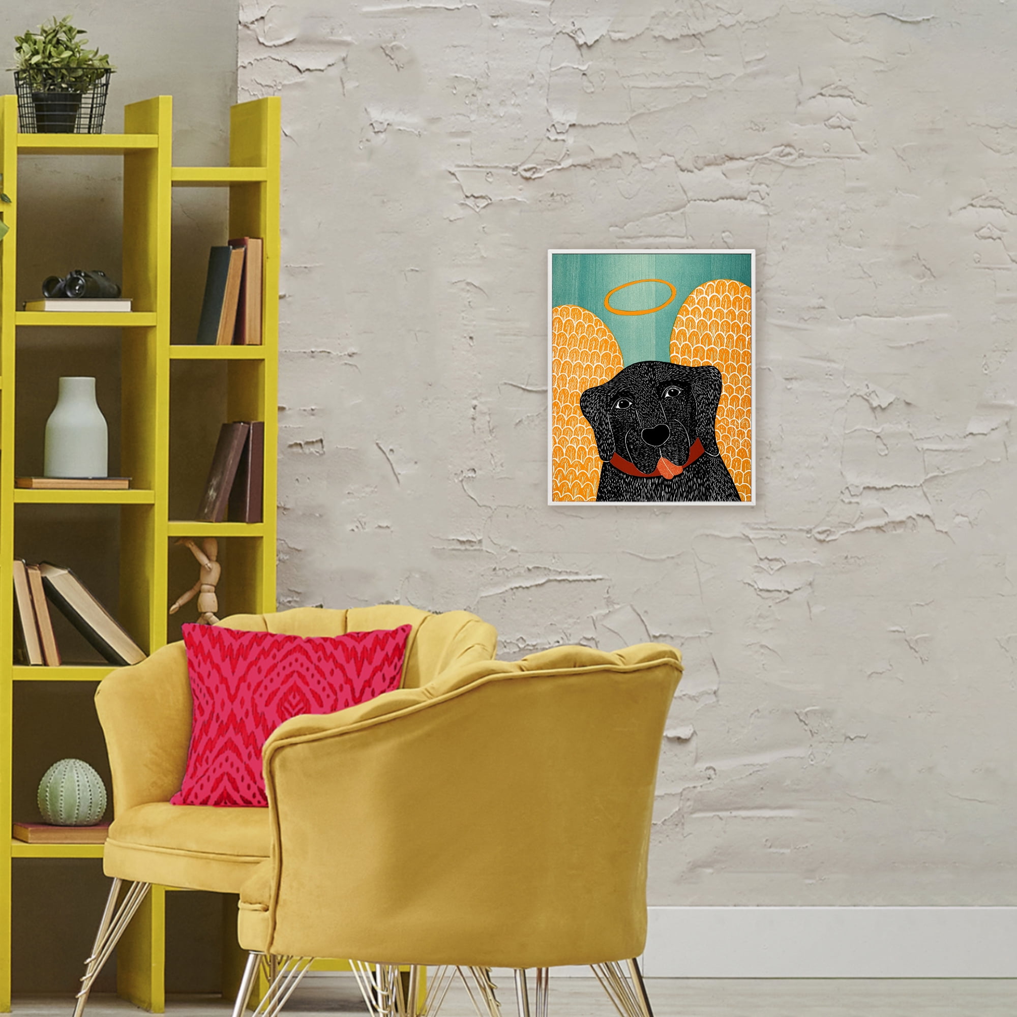 Dog Angel with Yellow Wings White Framed Giclee Art, design by Stephen Huneck