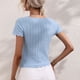 thumbnail image 3 of Top de punto con cuello en U para mujer Camisa de punto de manga corta ajustada de color puro informal para el hogar diario al aire libre Azul claro M, 3 of 8