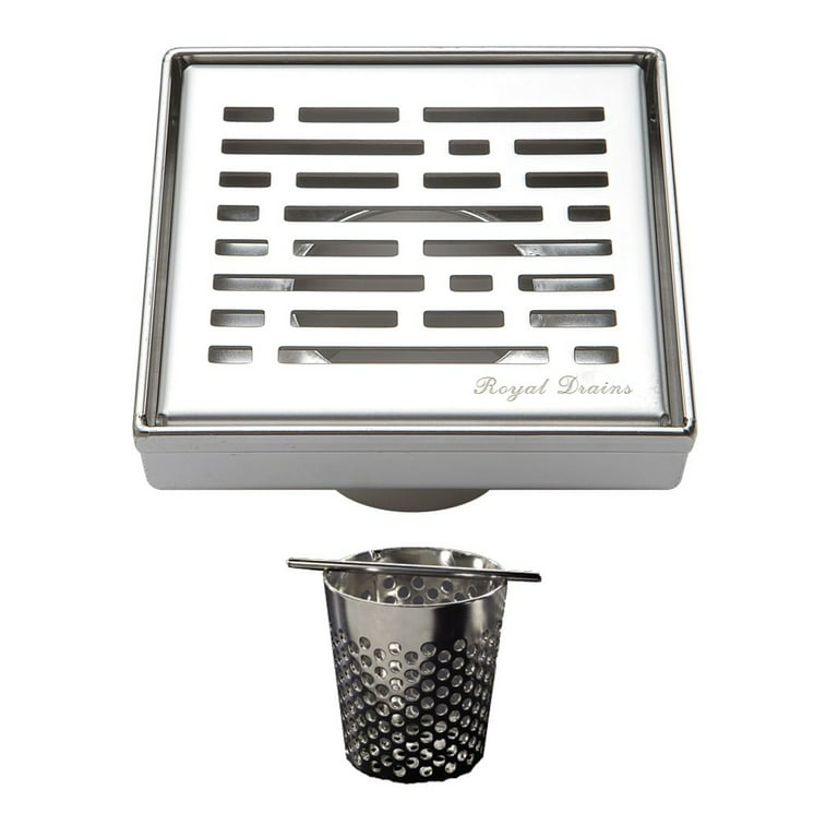 4 inch Polished Chrome Square Shower Drain with Hair Trap Set (4 Designs)