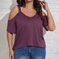 thumbnail image 2 of CFLVAEK Womens Plus Size Cold Shoulder Shirts Summer Casual V Neck Blouses Loose Fitted Short Sleeve Shirt Solid Color Going Out Tops Purple XXXL, 2 of 10