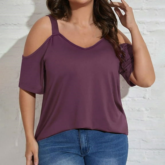 lmcalzta Plus Size Womens off Shoulder Tops Summer Lightweight Short Sleeve T Shirts Solid Basic Tees