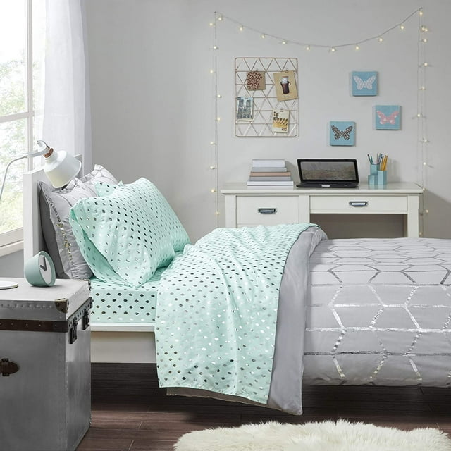 Intelligent Design id20-1737Drap de Lit en Microfibre, Résistant aux Rides, Draps Doux avec Poche de 12 Po, Moderne, Toute la Saison, Literie Confortable, Taie d'Oreiller Assortie, Simple XL, Aqua/argent Métallique, 3 Pièces