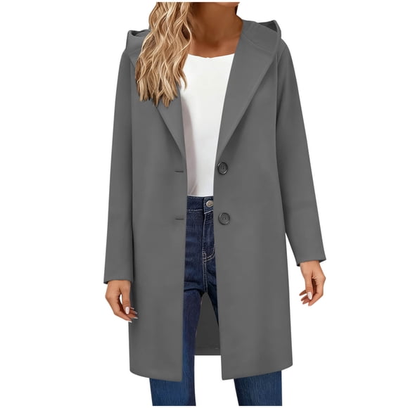 aohooy Womens Peacoat with Hood Notched Lapel Single Breasted Long Jacket Casual Woolen Overwear Winter Hooded Jackets Gray,L