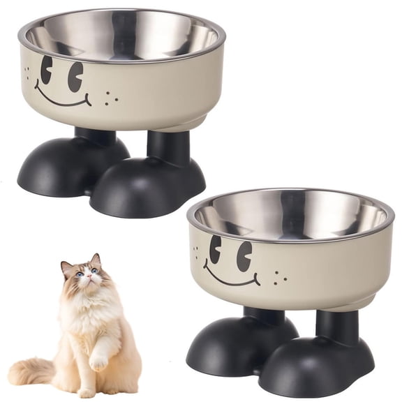 2 Pcs Elevated Dog Bowl with Stand, Stainless Steel Raised Pet Food and Water Bowls for Cats and Small Dogs (Beige Smiley Face)