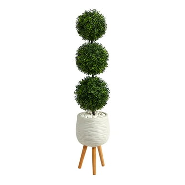 Nearly Natural 51in. Boxwood Triple Ball Topiary Artificial Tree in White Planter with Stand