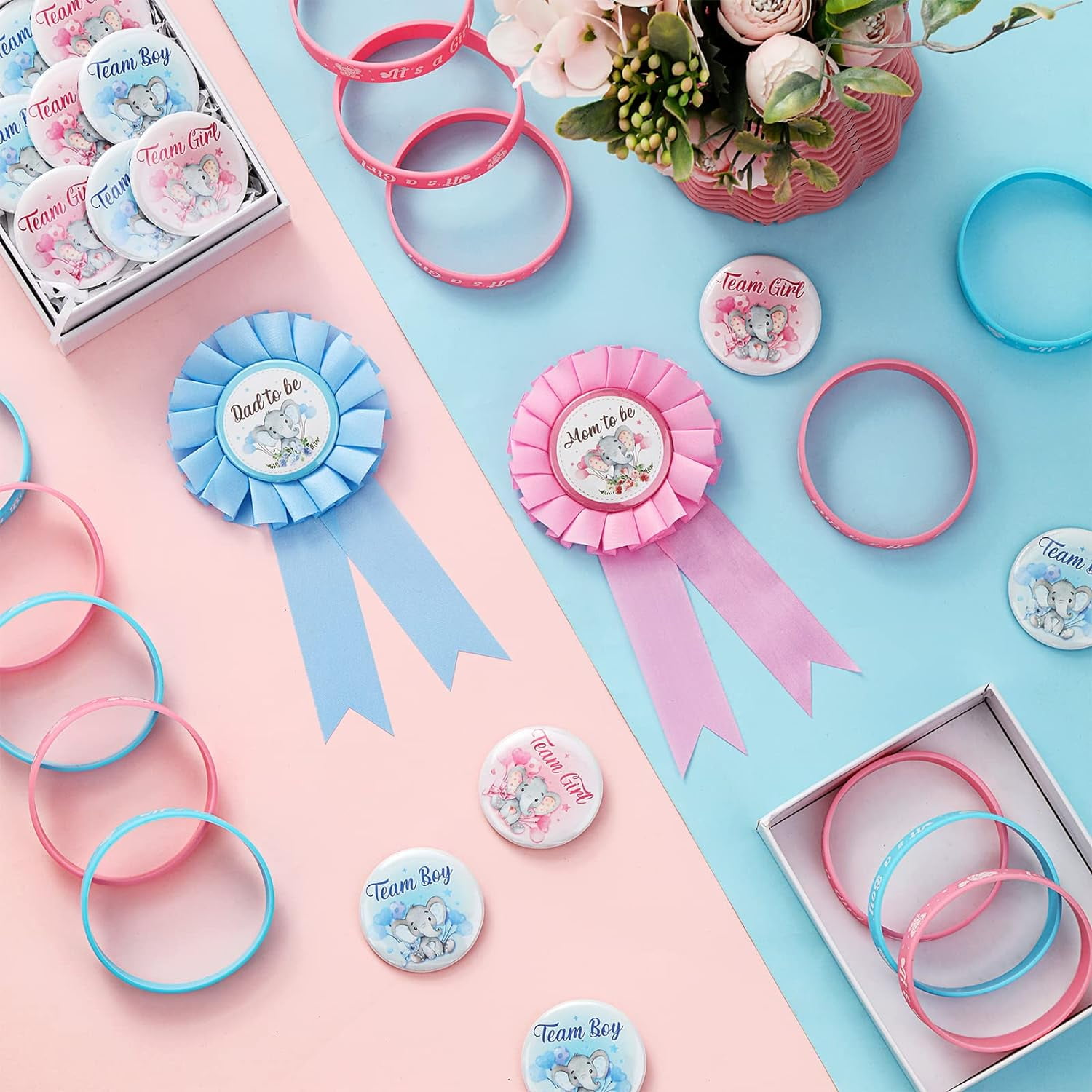 Elephant Gender Reveal Party Favors, Daddy to Be Mom to Be Tinplate Badge Pin, Gender Reveal Button Silicone Wristbands for Baby Shower Team Boy Team Girl Gender Reveal Party Favors Supplies