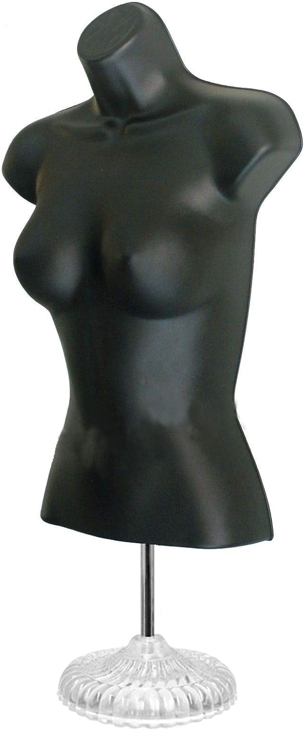 Black Female + White Female Hollow Back Mannequin Torso Set w/ Acrylic Stand with Metal Pole & Hanging Hook, S-M Sizes