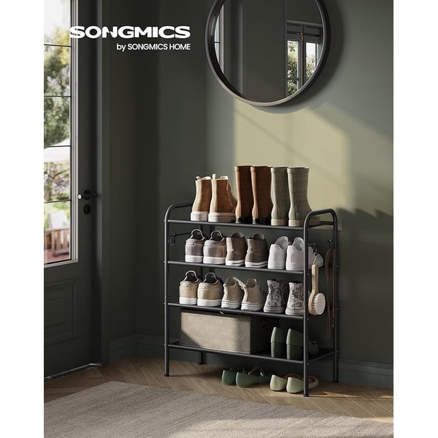 SONGMICS HOME Zapatero, Organizador Zapatos de 4 Niveles, Estante Metálico, con 4 Ganchos, para 12 Pares, Altura Ajustable, Negro Tinta