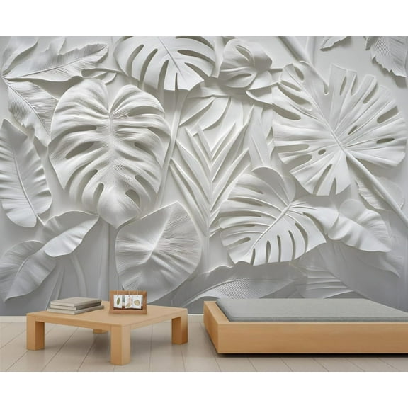 Stereo Monstera Wall Mural, Modern Leaves Wallpaper, Nordic Art Custom Photo Wallpaper Wall Decals For Bedroom Living Room 55"W x 28"H (Not Peel and Stick)