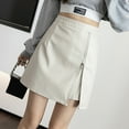 thumbnail image 2 of Riforla Women's Pure Colored Short Skirt Skirt Tight Leather Skirt Slit Miniskirt Skirts for Women Beige M, 2 of 5