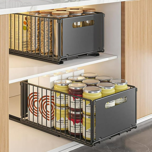 2Pcs Under Kitchen Sink Organizer, Slide Out Under Sink Pull Out Organizer with Adhesive Film Under Sliding Cabinet Basket Storage Shelf for Kitchen Bathroom Black Large