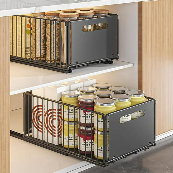 2Pcs Under Kitchen Sink Organizer, Slide Out Under Sink Pull Out Organizer with Adhesive Film Under Sliding Cabinet Basket Storage Shelf for Kitchen Bathroom Black Large
