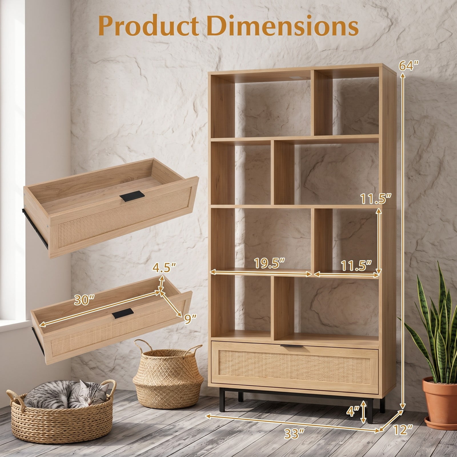 Furnibear 64 inch 6-Tier Tall Wooden Bookcase with 8 Open Cubes and Drawer, Freestanding Cube Storage Bookshelf with Rattan Accents and Anti-Tip Kit for, Natural