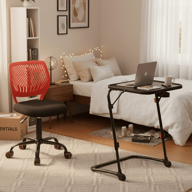 Homy Casa adjustable kids desk with foldable black soft top and red fabric swivel chair on wheels, shown in a cozy bedroom environment.