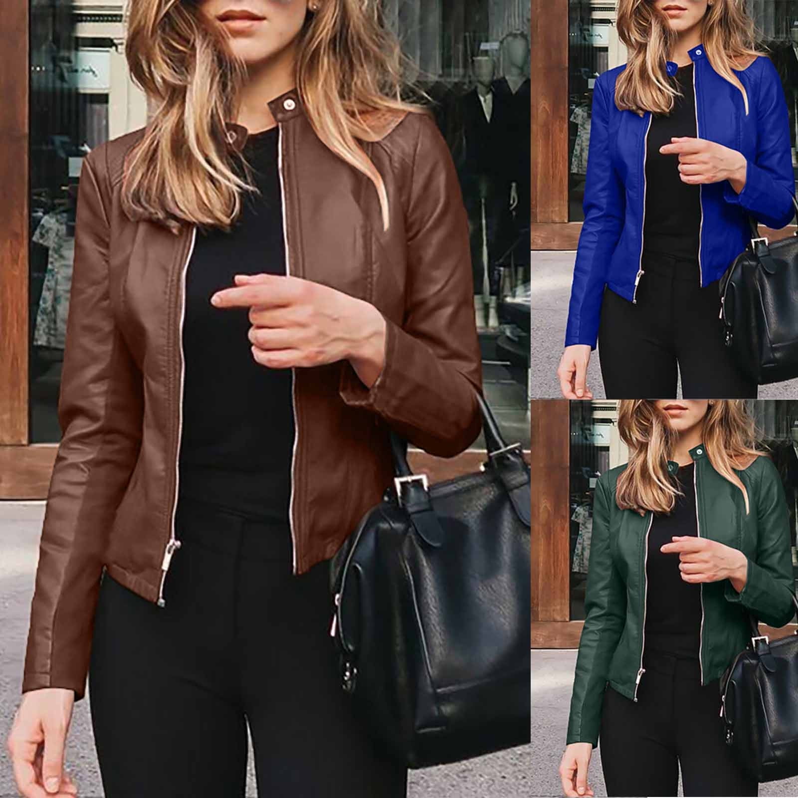 BLTIBY Womens Faux Leather Jackets, Fall Spring Zip Up Black Stand Collar Motorcycle Short PU Moto Biker Outwear Fitted Slim Coat Green XXL