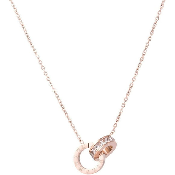 Titanium Steel New Necklace Female Rose Gold Double Ring Diamond Inlaid Clavicle Chain Fashion Women's Jewelry Platinum White Diamond