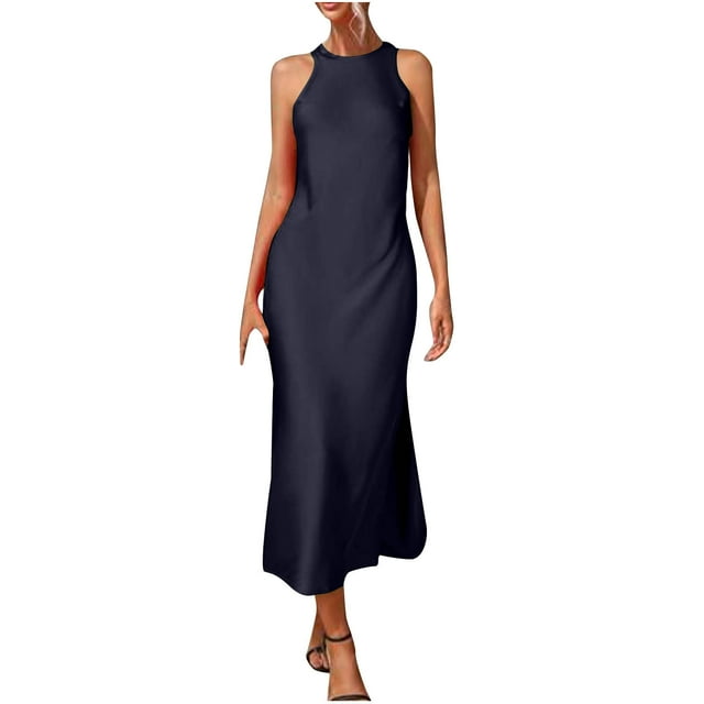 LOVZFMLL Dresses Women's Fashion Casual Solid Button Color Sleeveless Dress