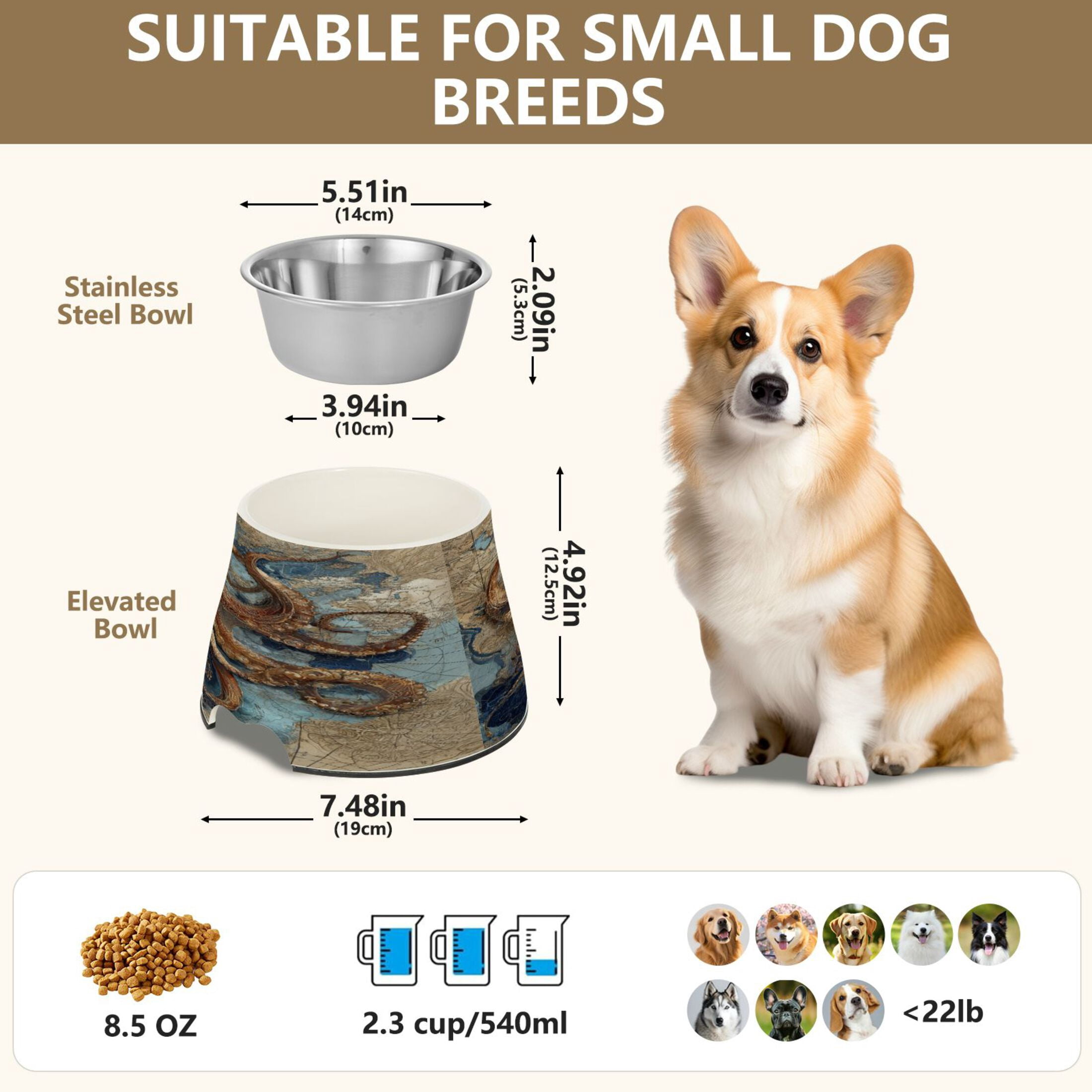 Raised Pet Bowl with Removable Stainless Steel Insert Anti-Slip No-Tip Dog Bowl for Small to Medium Pets Deep Sea Octopus